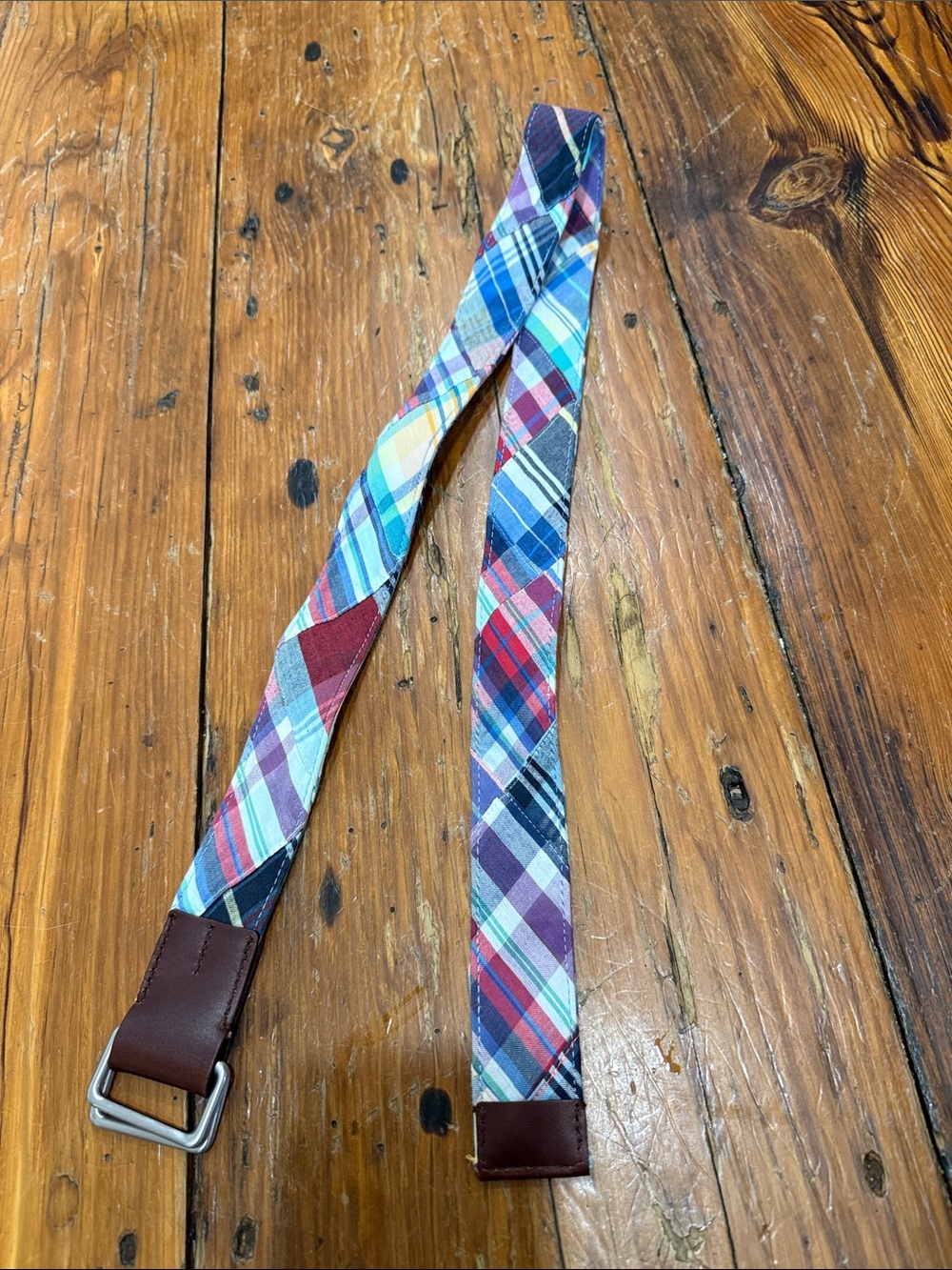 Brooks Brothers Multicolor Plaid Strap with Brown Leather Ends Size Medium